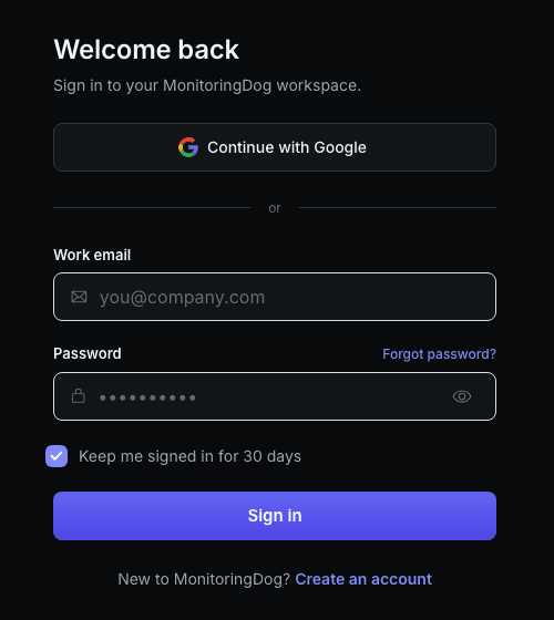 MonitoringDog sign-in form