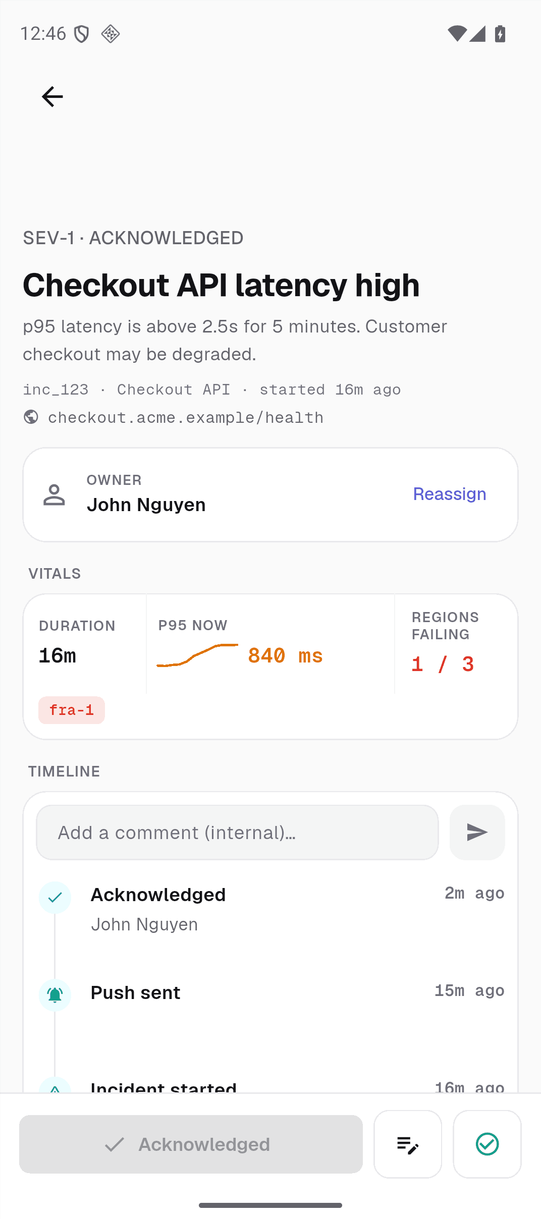 Incident detail in the MonitoringDog app: an acknowledged critical incident with its owner, vitals and timeline (demo data)