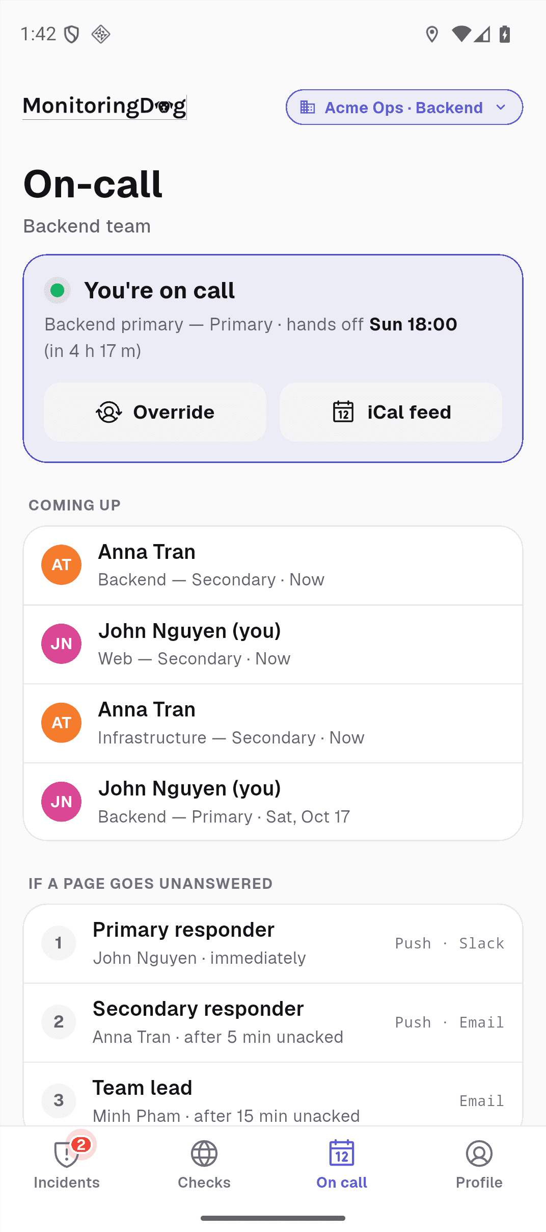 On-call tab in the MonitoringDog app: the current shift, the next shift and the Override button (demo data)