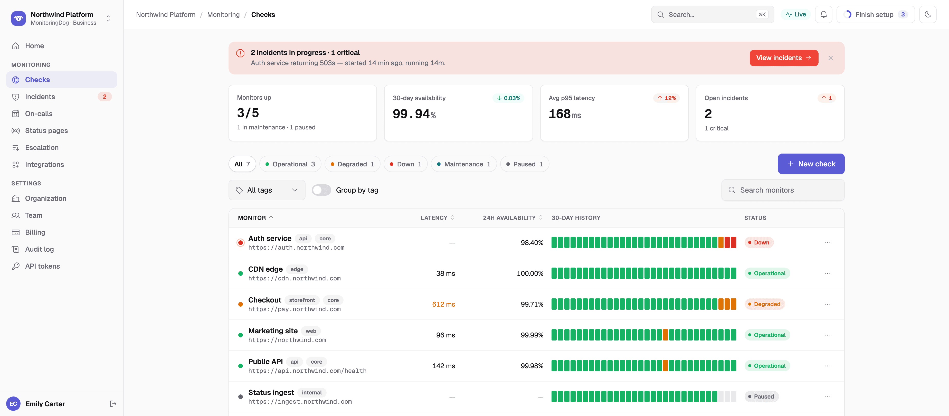 Product preview of the MonitoringDog checks list: each monitor with its status, latency, 24-hour availability and 30-day history, under an open critical incident (demo data)