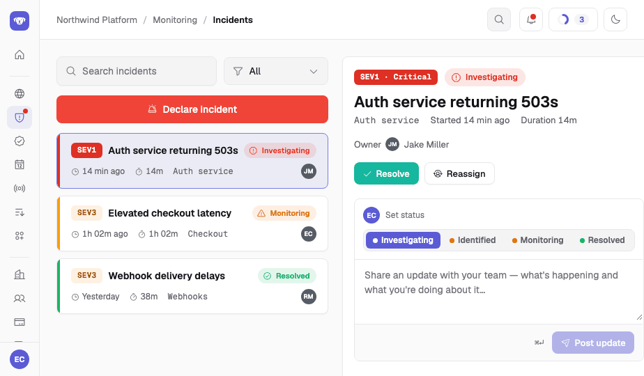 Incident detail preview — severity, live status stepper and update composer