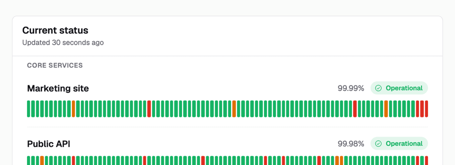 Public status page preview — service availability timelines beneath a live status banner