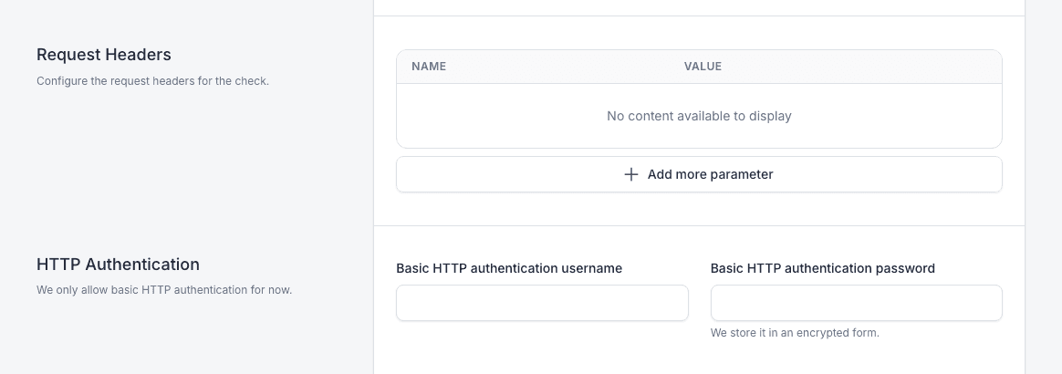 MonitoringDog Create Check headers and HTTP authentication settings